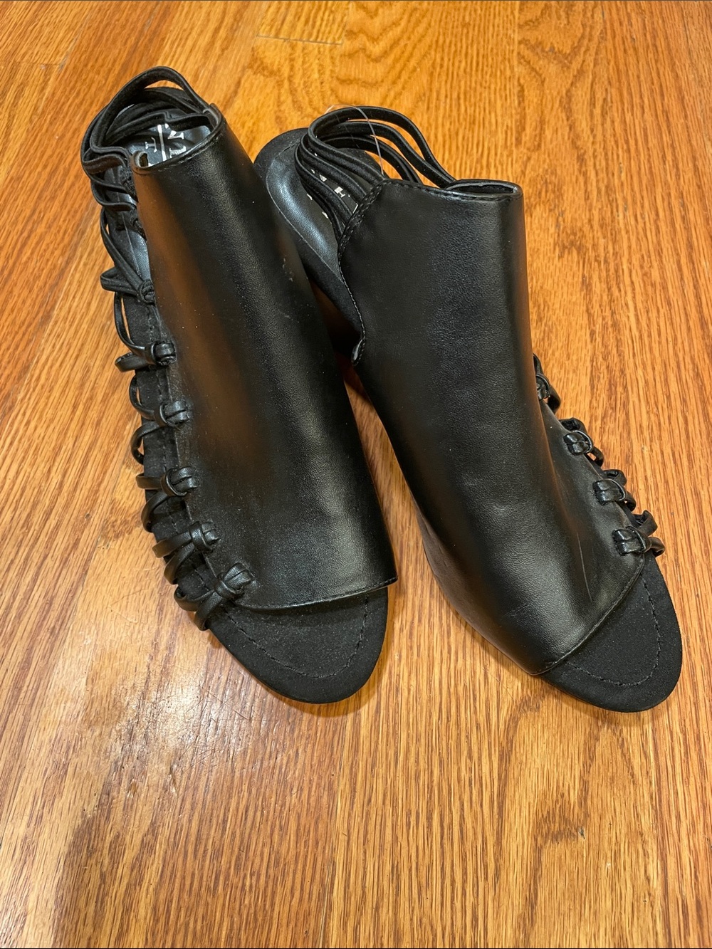 New York Transit Black Open-Toe Lace-Up Slingback Heels